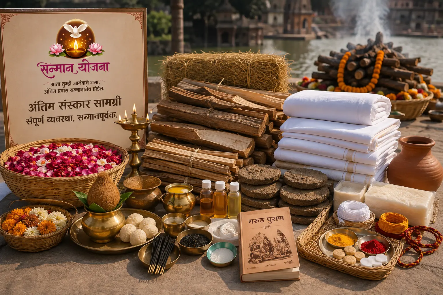 Complete funeral materials including flowers and garlands